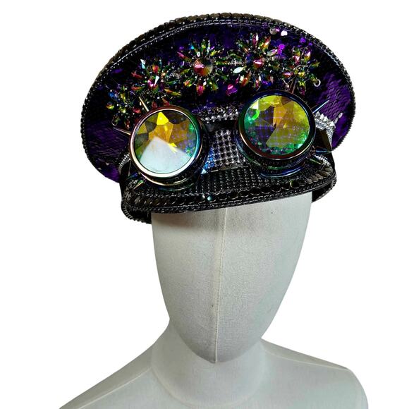 Steampunk Commander Hat – Purple Sequin with Kaleidoscope Goggles - Picture 2 of 6